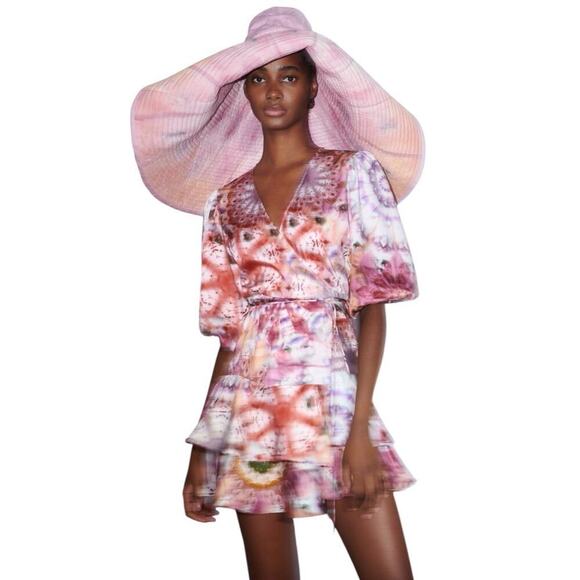 Alexis Lucine Printed Wrap Dress In Rose Tie Dye Mini Ruffled Size Medium - Picture 1 of 15